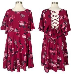 Torrid | Burgundy Floral Lace Up Back Short Flutter Sleeve Plus Size Dress 14